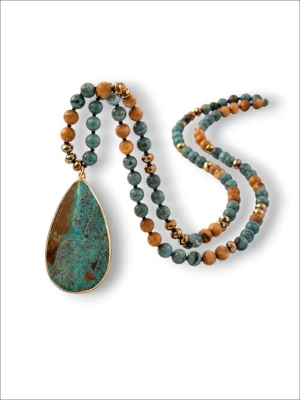 Hand Knotted Natural Stone Beaded Necklace Long Boho Pendant